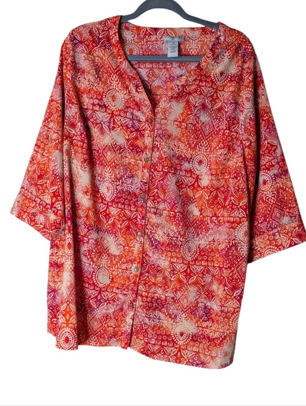Catherines Red Orange Southwestern boho Geometric print top size 14/16W Aztec